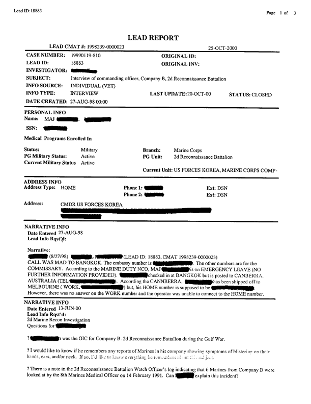 Lead Report #18883, Interview of commanding officer, Company B, 2d Reconnaissance Battalion, June 14, 2000