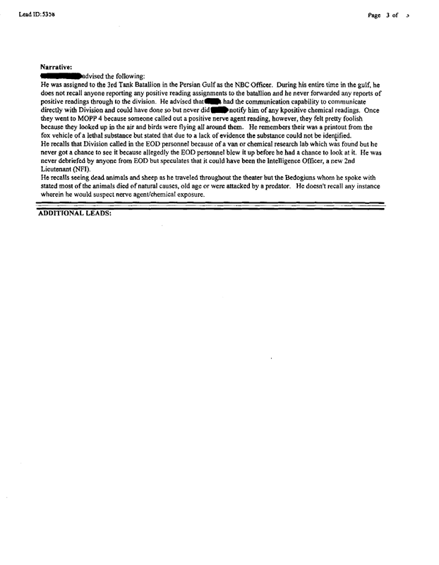 Lead Sheet 5358, Interview with the 3d Tank Battalion NBC officer, 30 June 1997