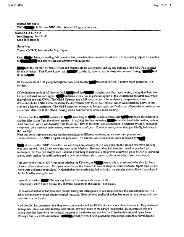Lead Sheet 5274, Interview with 1st MarDiv NBC Officer, 13 June 1997