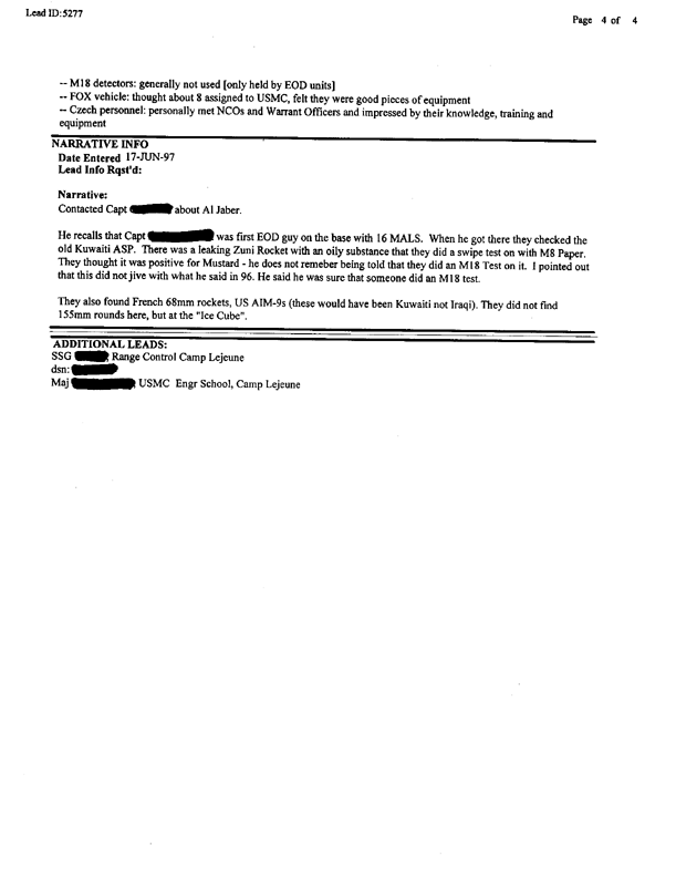 Lead Sheet 5277, Interview with OIC 1st Platoon, 2 FSSG EOD, 16 May 1996 and 17 June 1997