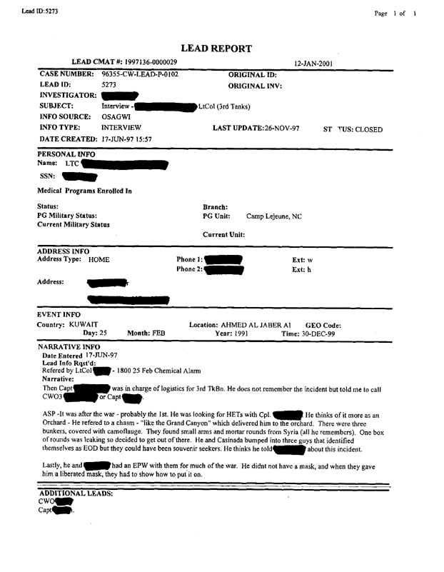 Lead Sheet 5273,  Interview with the 3d Tank Battalion logistician (S-4), June 17, 1997