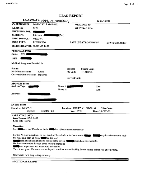 Lead Sheet 5391, Interview with Fox 5604 Wheel man, 2 July 1997