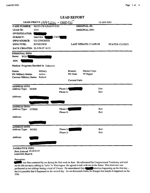 Lead Sheet 5325, Interview with Task Force Ripper NBC Officer, June 18, 1997