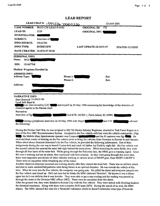 Lead Sheet 5359, Interview with Fox 5604 driver, May 31, 1996.