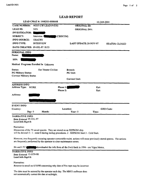 Lead Sheet 5431, Interview of Fox Expert, July 9, 1997.