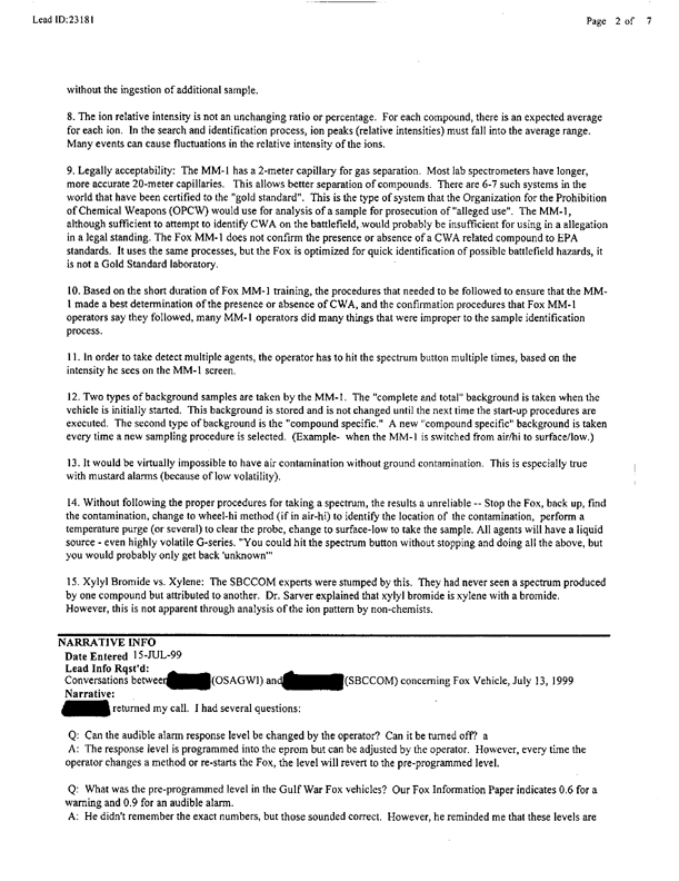 Lead Sheet 23181, Meeting with Fox subject matter experts, May 6, 1999