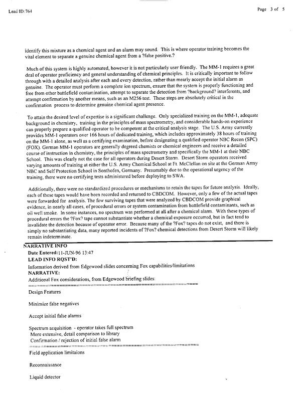 Lead Sheet 764, Interview of Fox expert, CBDCOM, May 28, 1996.