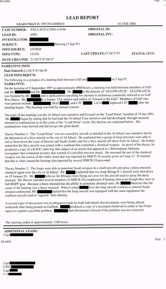 Lead Report 6494, Notes of meeting held between OSAGWI investigators and two concerned individuals, September 5, 1997. 