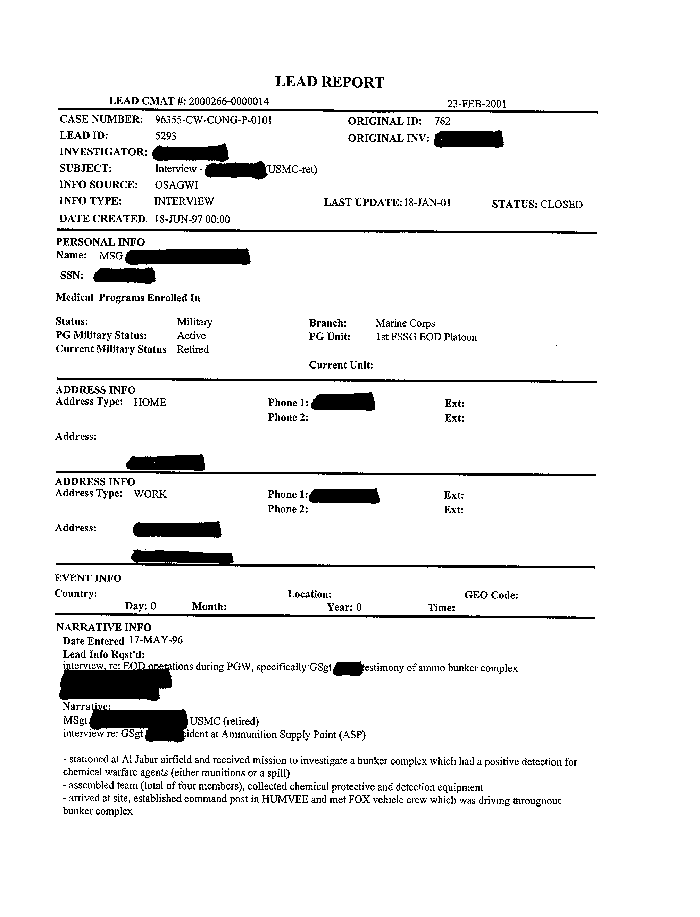 Lead Sheet #5293, Interview of team leader, 1st Force Service Support Group Explosive Ordnance Disposal Platoon, 7th Engineer Support Battalion, May 17, 1996, p. 1, 2.