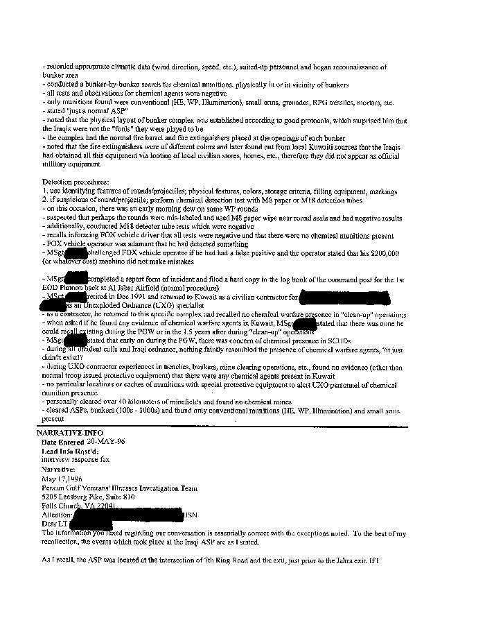 Lead Sheet #5293, Interview of team leader, 1st Force Service Support Group Explosive Ordnance Disposal Platoon, 7th Engineer Support Battalion, May 17, 1996, p. 1, 2.