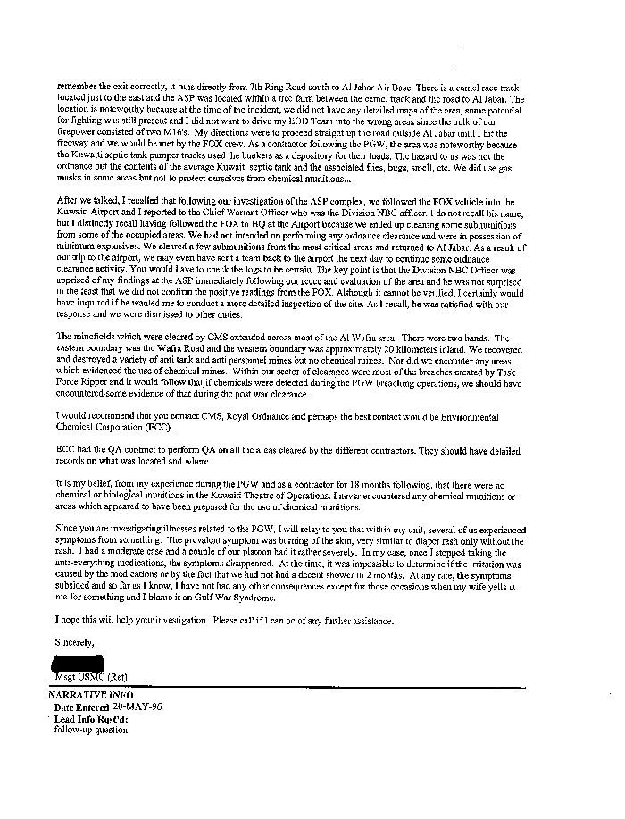 Lead Sheet #5293, Interview of team leader, 1st Force Service Support Group Explosive Ordnance Disposal Platoon, 7th Engineer Support Battalion, May 17, 1996, p. 2. 