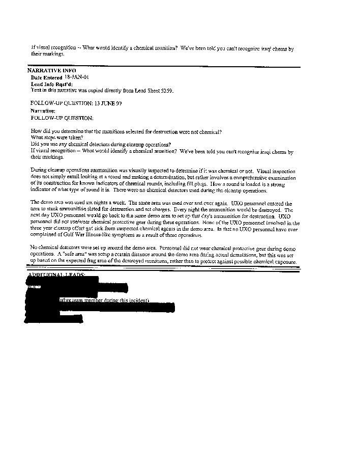 Lead Sheet #5293, Interview of team leader, 1st Force Service Support Group Explosive Ordnance Disposal Platoon, 7th Engineer Support Battalion, May 17, 1996, p. 1, 2.