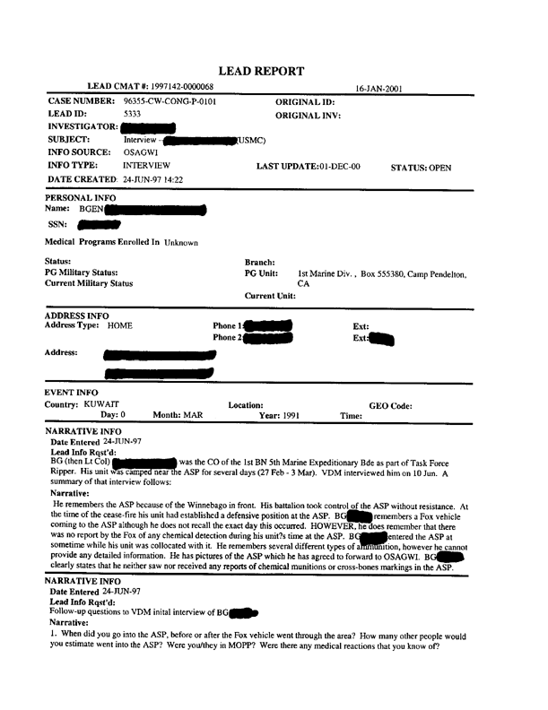Lead Sheet #5333, Interviews of commanding officer, 1st Battalion, 5th Marine Regiment, June 10 and 24, 1997, and March 29, 2000, p. 1, 2.   