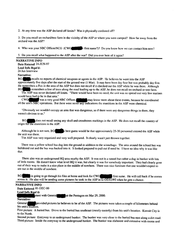 Lead Sheet #5333, Interviews of commanding officer, 1st Battalion, 5th Marine Regiment, June 10 and 24, 1997, and March 29, 2000, p. 2, 3.