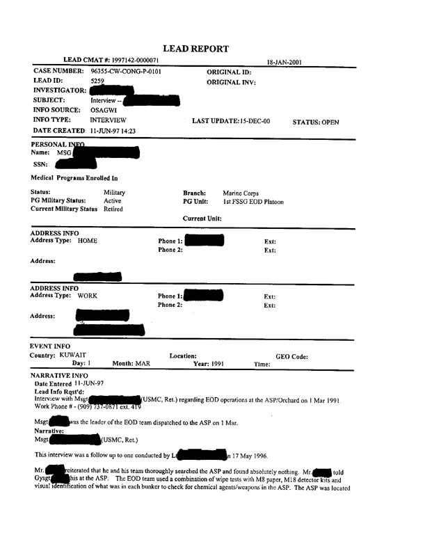 Lead Sheet #5259, Interview of team leader, 1st Force Service Support Group Explosive Ordnance Disposal Platoon, 7th Engineer Support Battalion, June 11, 1997, p. 2.