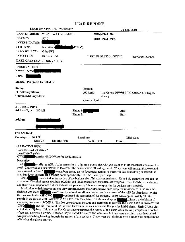 Lead Sheet #5370, Interview of nuclear, biological, and chemical officer, 1st Battalion, 5th Marine Regiment, July 1, 1997. 