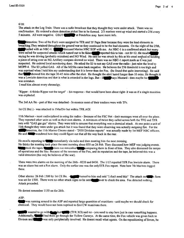 Lead Sheet #5325, Interview of Task Force Ripper nuclear, biological, and chemical officer, June 18, 1997, p. 2.