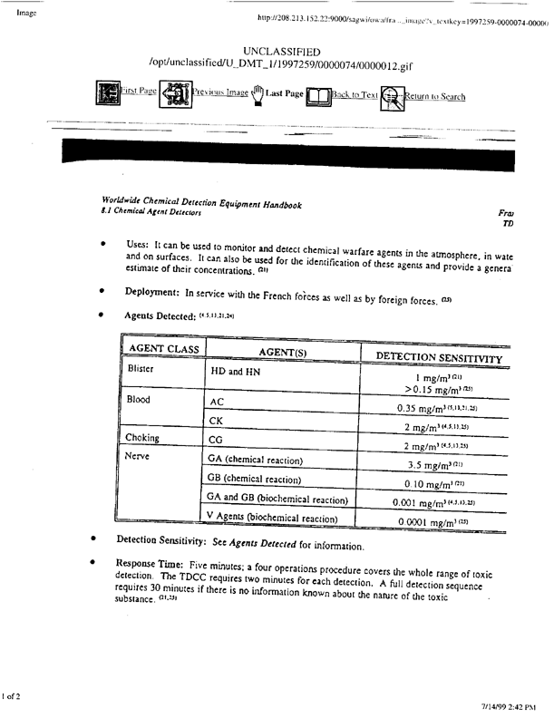 Brletich, Nancy R., Mary Jo Waters, Gregory W. Bowen, and Mary Frances Tracy, Worldwide Chemical Detection Equipment Handbook, Chemical and Biological Defense Information Analysis Center, October 1995, p. 421-424.  Copies of the Worldwide Chemical Detection Equipment Handbook may be purchased from the CBIAC.  To order, please contact the CBIAC Administrator, via phone (410-676-9030), fax (410-676-9703), e-mail (cbiac@battelle.org), or use the interactive request form on the CBIAC web site www.cbiac.apgea.army.mil.