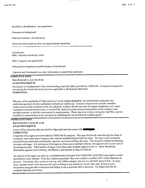Lead Sheet #764, Interview of Fox expert, Chemical and Biological Defense Command, May 28, 1996, p. 2. 