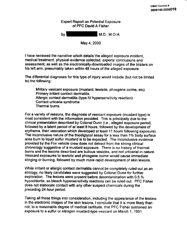Memorandum from medical subject matter expert, Subject: �Expert Report on Potential Exposure of PFC David A. Fisher,� May 4, 2000.