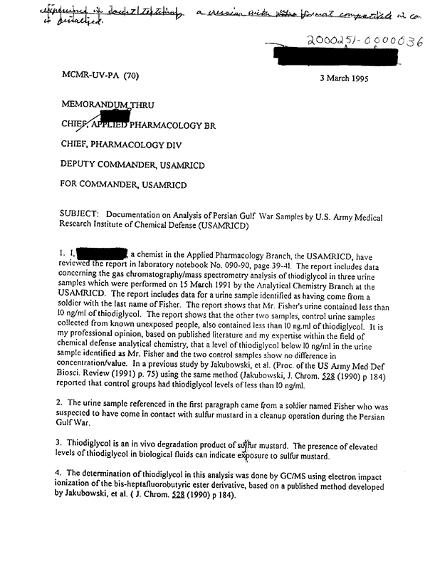 Memorandum from Chemist, Applied Pharmacology Branch, US Army Medical Research Institute of Chemical Defense (USAMRICD) to Commander, USAMRICD