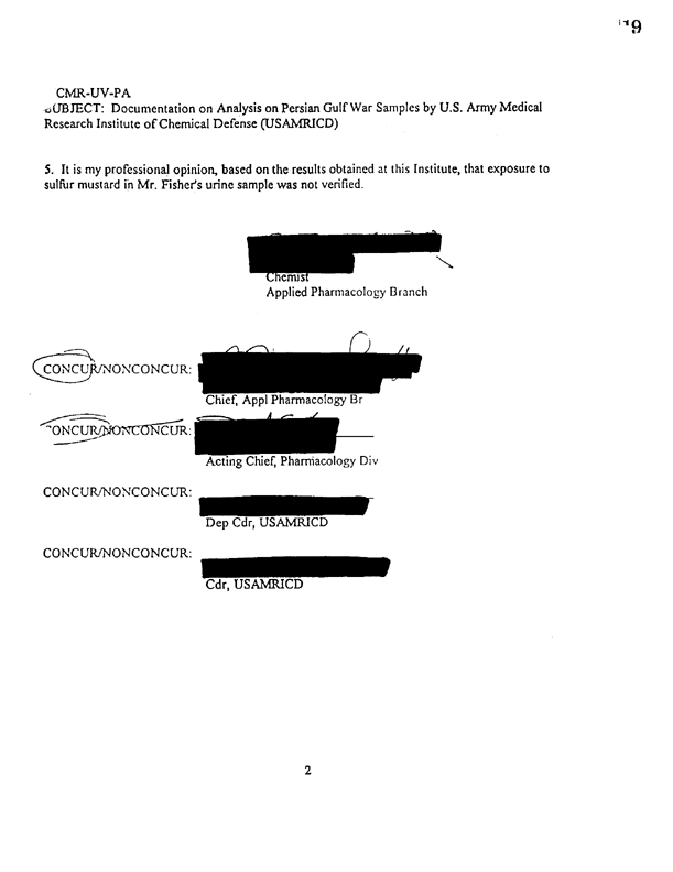 Memorandum from Chemist, Applied Pharmacology Branch, US Army Medical Research Institute of Chemical Defense (USAMRICD) to Commander, USAMRICD
