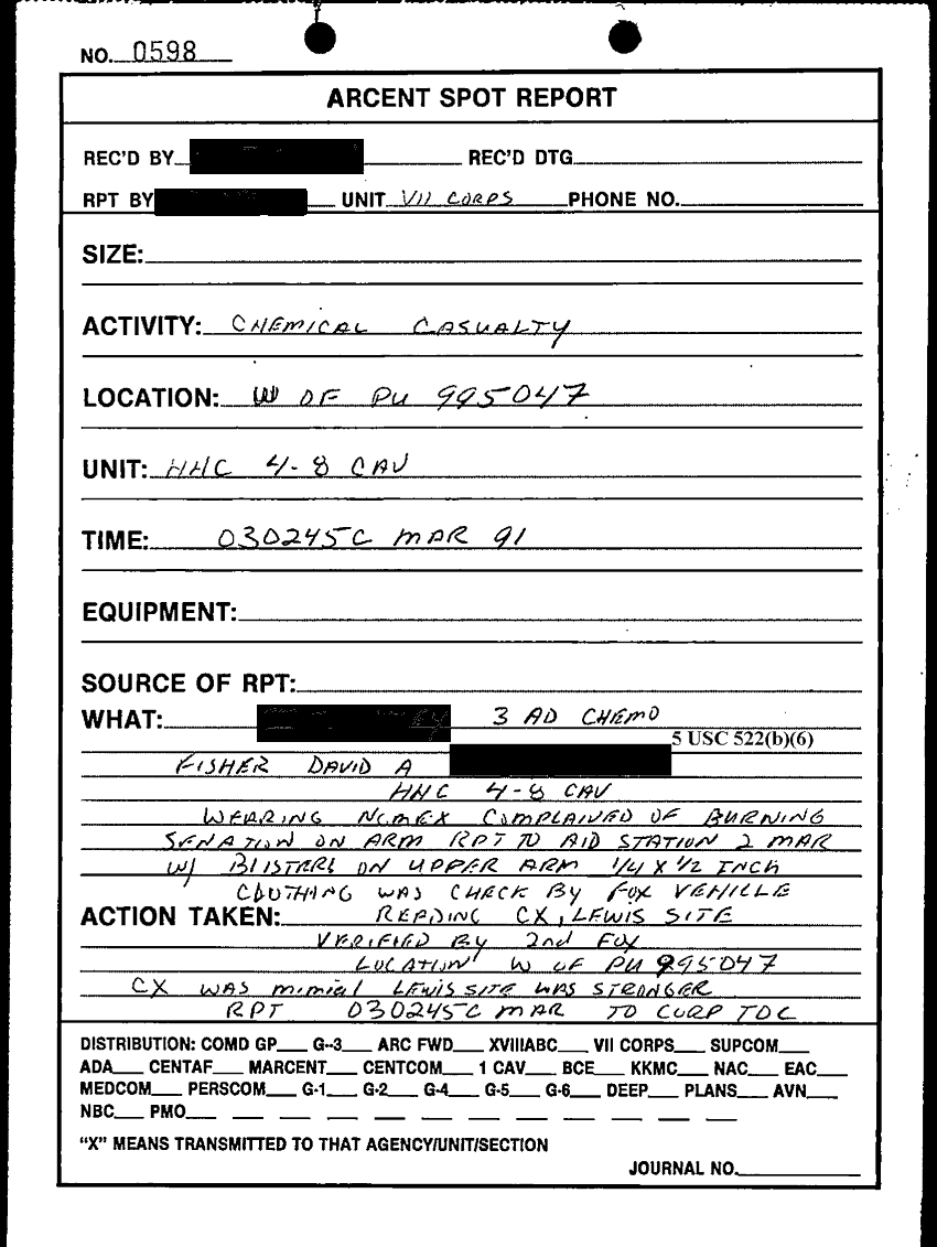 ARCENT Spot Report, Subject: "Chemical Casualty," 2:45 AM, March 3, 1991. 