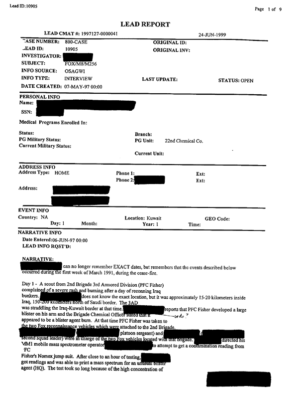 Lead Sheet 10905, Interview of Fox vehicle company commander, 22nd Chemical Company, June 6, 1997. 