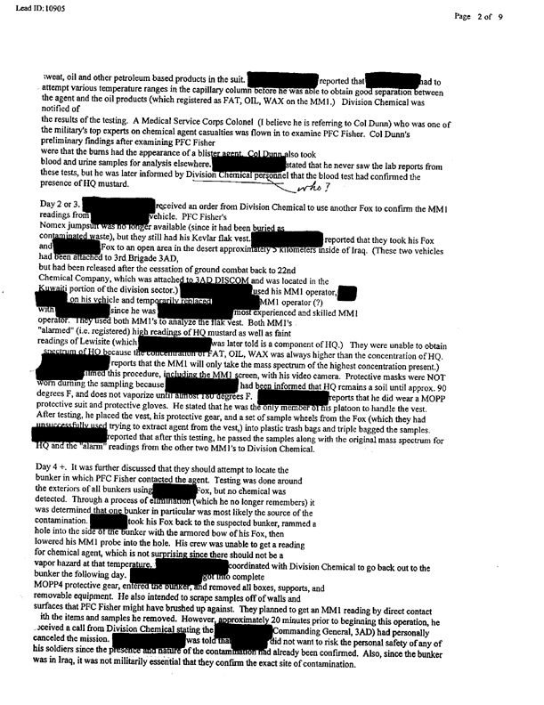 Lead Sheet 10905, Interview of Fox vehicle company commander, 22nd Chemical Company, June 6, 1997. 