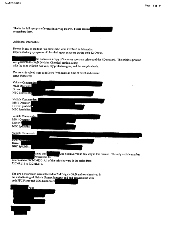 Lead Sheet 10905, Interview of Fox vehicle company commander, 22nd Chemical Company, June 6, 1997. 