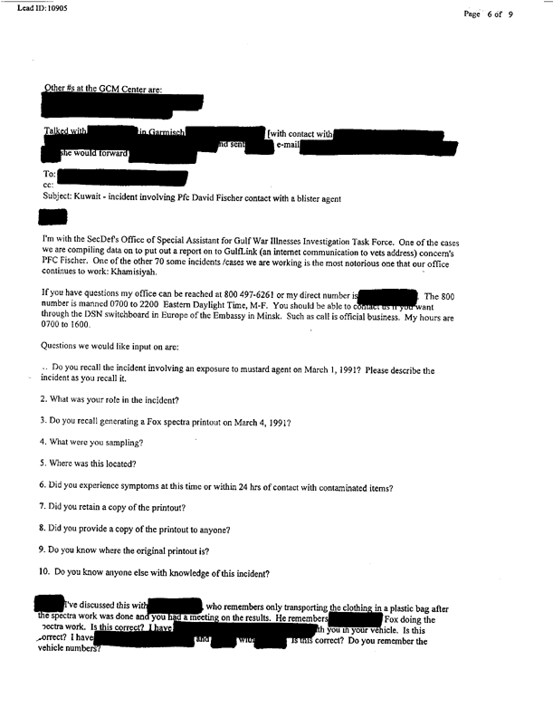 Lead Sheet 10905, Interview of Fox vehicle company commander, 22nd Chemical Company, June 6, 1997. 