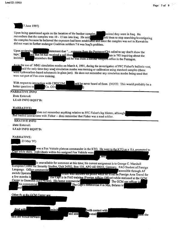 Lead Sheet 10905, Interview of Fox vehicle company commander, 22nd Chemical Company, June 6, 1997. 