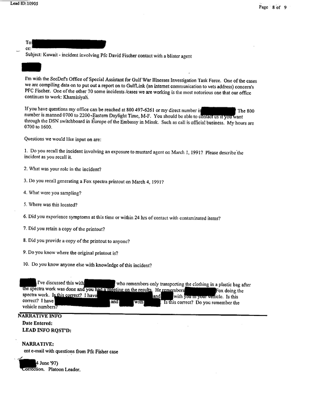 Lead Sheet 10905, Interview of Fox vehicle company commander, 22nd Chemical Company, June 6, 1997. 