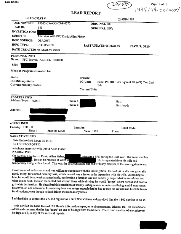 Lead Sheet 585, Interview of Private First Class David Allen Fisher, March 6, 1996. 
