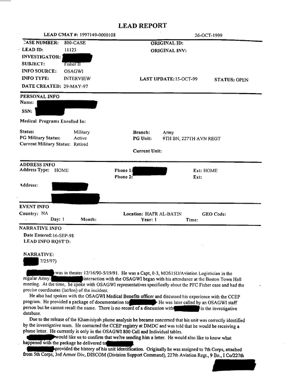 Lead Sheet 11123, Interview of an aviation logistician, 9th Battalion, 227th Aviation Regiment, October 20, 1999