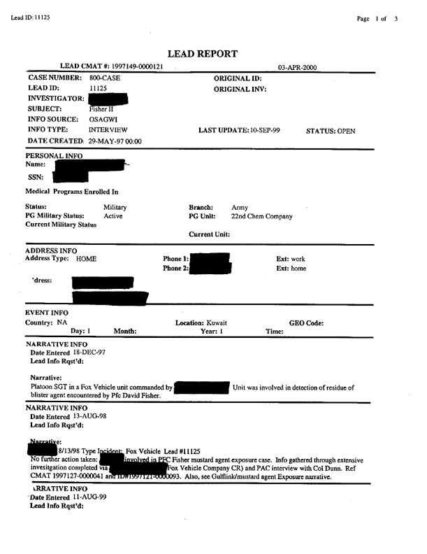 Lead Sheet 11125, Interview of Fox vehicle commander, 22nd Chemical Company, August 13, 1998
