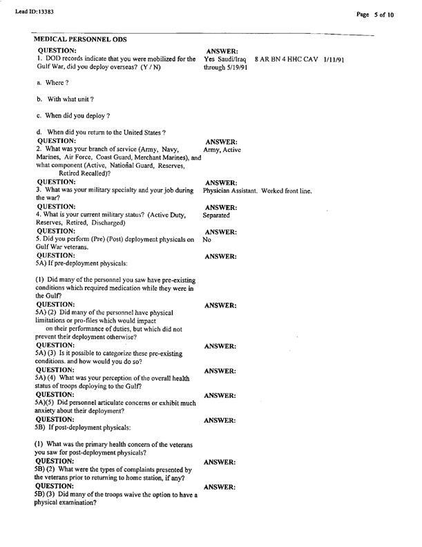 Lead Sheet 13383, Interview of surgical physician's assistant, 4-8th Cavalry, 3rd Armored Division, May 21, 1998