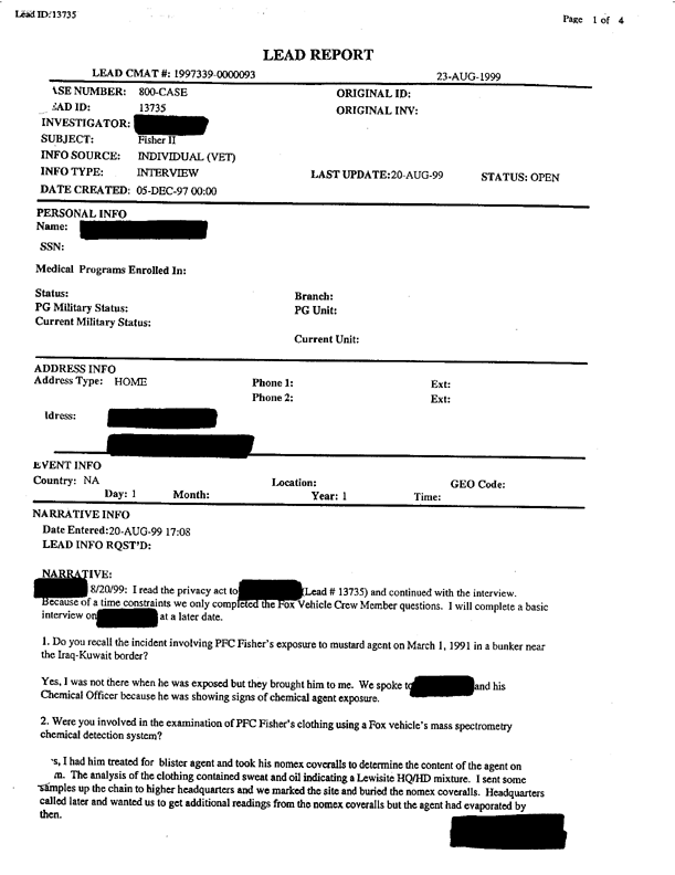 Lead Sheet 13735, Interview of MM-1 operator, 22nd Chemical Company, August 20, 1999