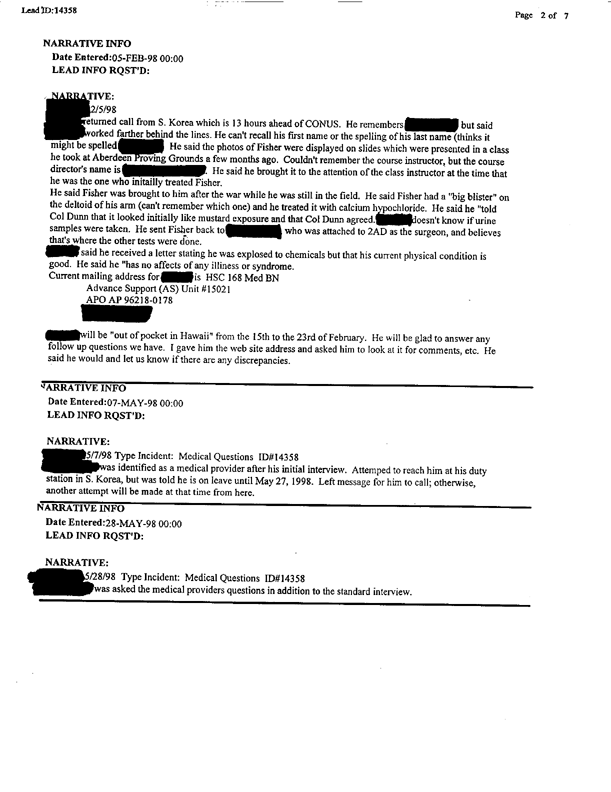 Lead Sheet 14358, Interview of physician's assistant, 4-8th Cavalry, 3rd Armored Division, February 5, 1998