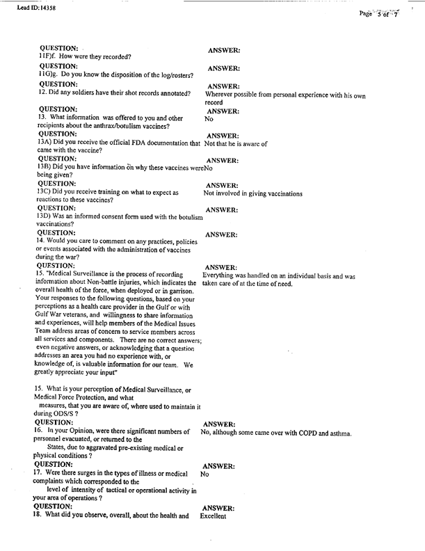 Lead Sheet 14358, Interview of physician's assistant, 4-8th Cavalry, 3rd Armored Division, February 5, 1998
