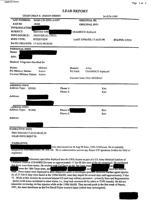 Lead Sheet 18585, Interview of US Army Medical Research Institute of Chemical Defense pulmonary specialist, August 17, 1998
