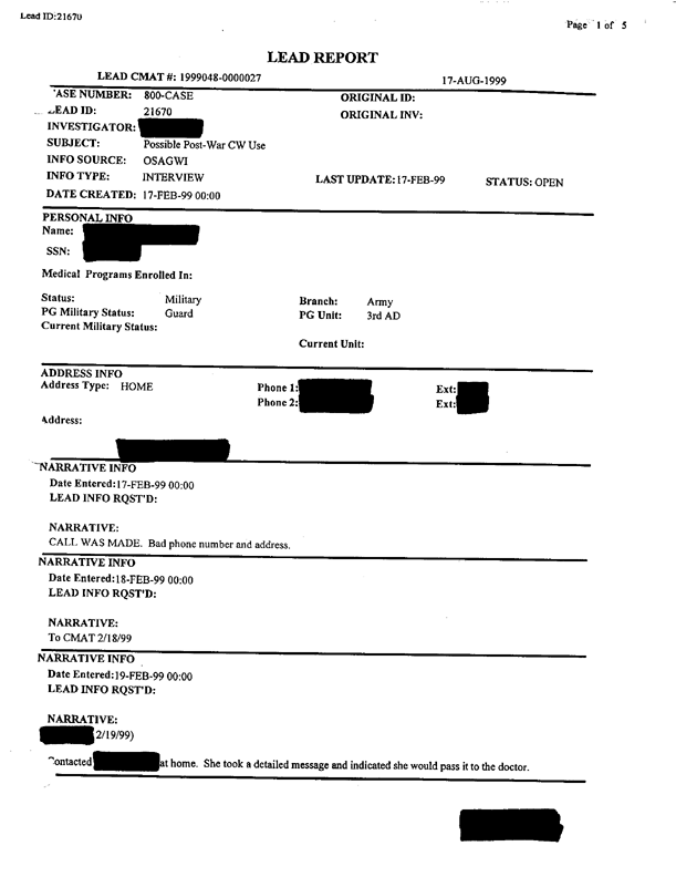 Lead Sheet 21670, Interview of division surgeon, 3rd Armored Division, August 6, 1999