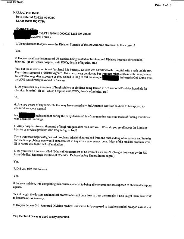 Lead Sheet 21670, Interview of division surgeon, 3rd Armored Division, August 6, 1999