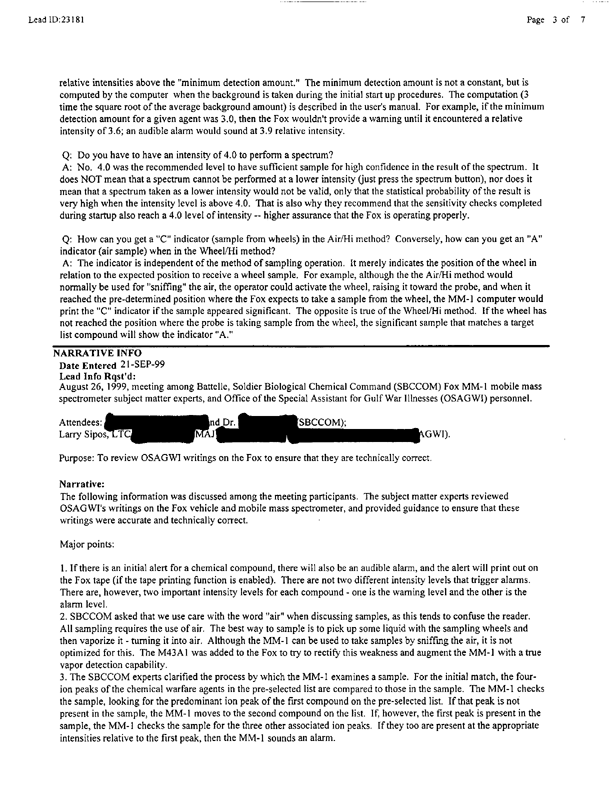 Lead Sheet 23181, Meeting with Fox subject matter experts, May 6, 1999