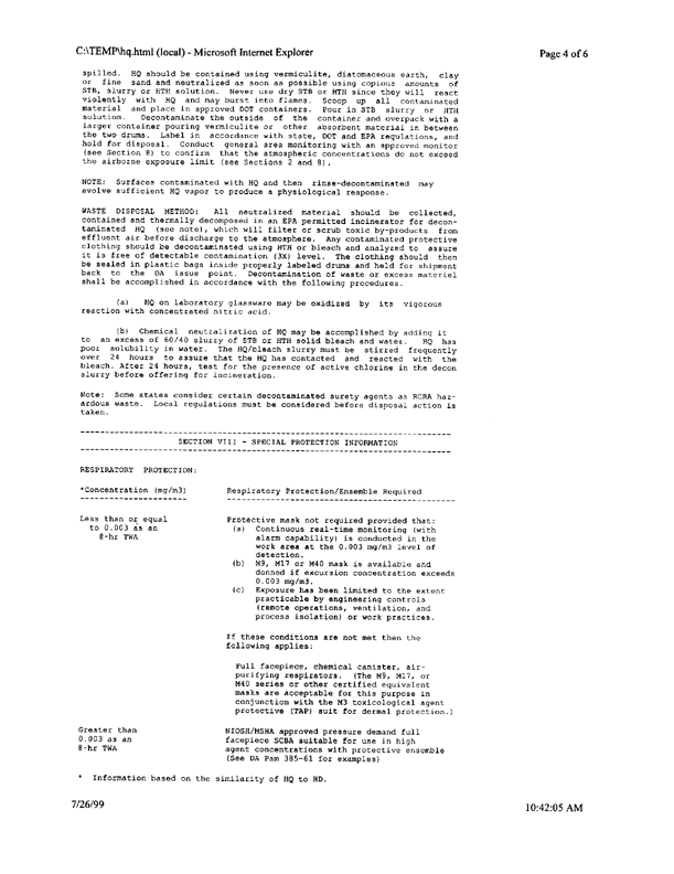 US Army Chemical Center, CW Procedural Text for Chemical Corps Field Laboratories, Book 1, Part I, "Chemistry of CW Agents," January 7, 1954, p. 294; US Army Material Safety Data Sheet on Mustard, HQ, Aberdeen Proving Ground, MD, June 30, 1995.