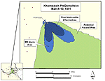 Figure 10. The 2000 Khamisisyah modeling First Noticable Effects and M8 alarm detection areas for March 10, 1991