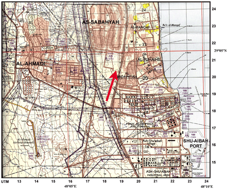 Figure 2. Map of Al Ahmadi district. Red arrow points to the Kuwaiti Girls' School.