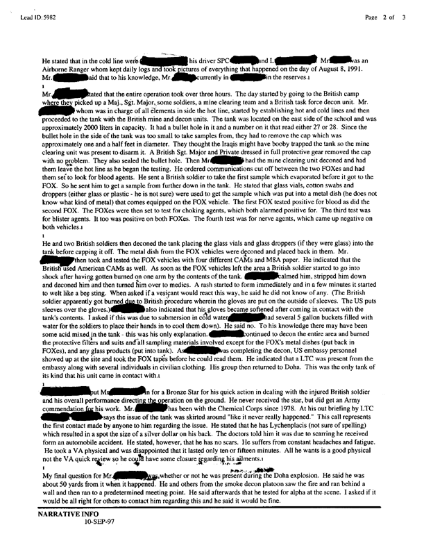  Lead sheet 5982, Interview with US soldier from 54th Chemical Troop supporting the Fox testing, August 15, 1997