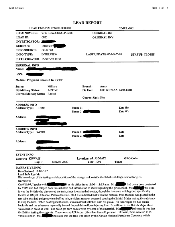 Lead sheet 6025, Interview with commander of the 146th Explosive Ordnance Disposal Detachment, September 15, 1997