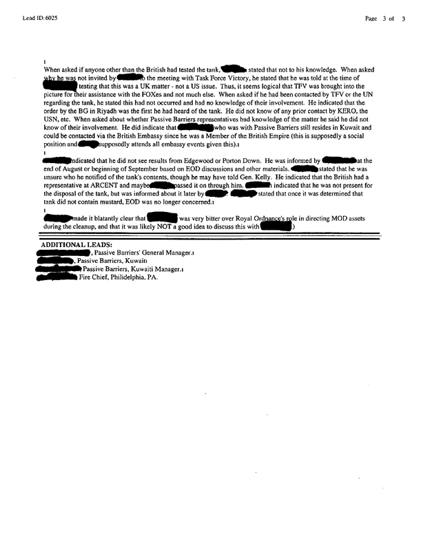 Lead sheet 6025, Interview with commander of the 146th Explosive Ordnance Disposal Detachment, September 15, 1997